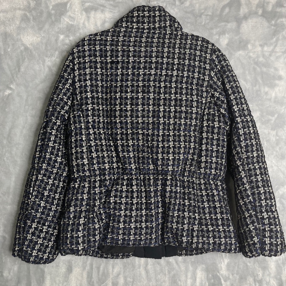 Ann Taylor Tweed Puffer Jacket Women L Black Navy Plaid High Neck Preppy Classic - Picture 3 of 8
